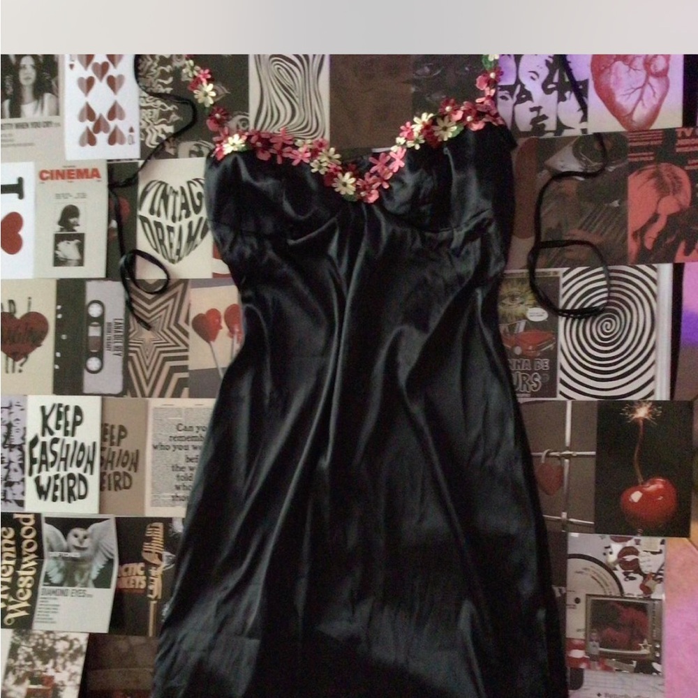Black Satin Dress with Floral Embroidery